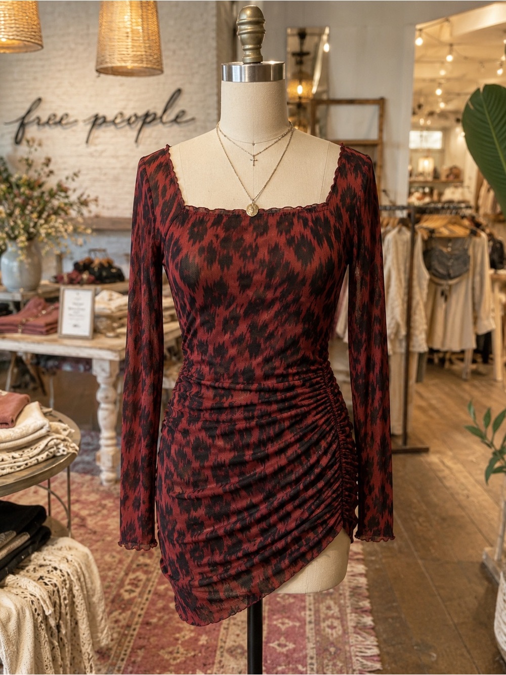 NWT Intimately Free People Garnet Mesh Ruched Slip Chemise S Animal Print
